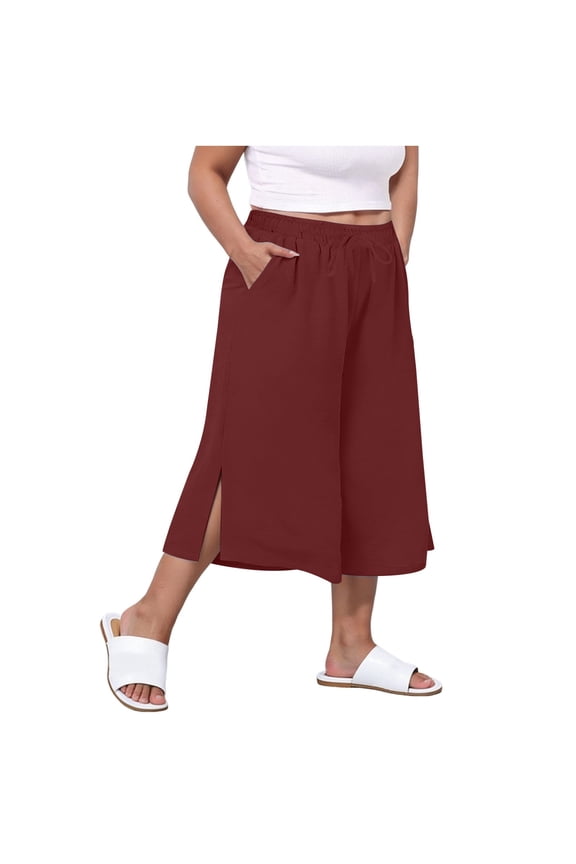 Women's Plus Size Capri Pants Loose Wide Leg Lounge Trousers Side Split Elastic Waist Cropped Pants with Pockets