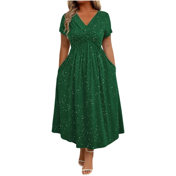biudgviw Women's Plus Size Cocktail Dress V Neck Short Sleeve A Line Sparkly Dresses Elegant Casual Pleated Formal Maxi Dress with Pockets