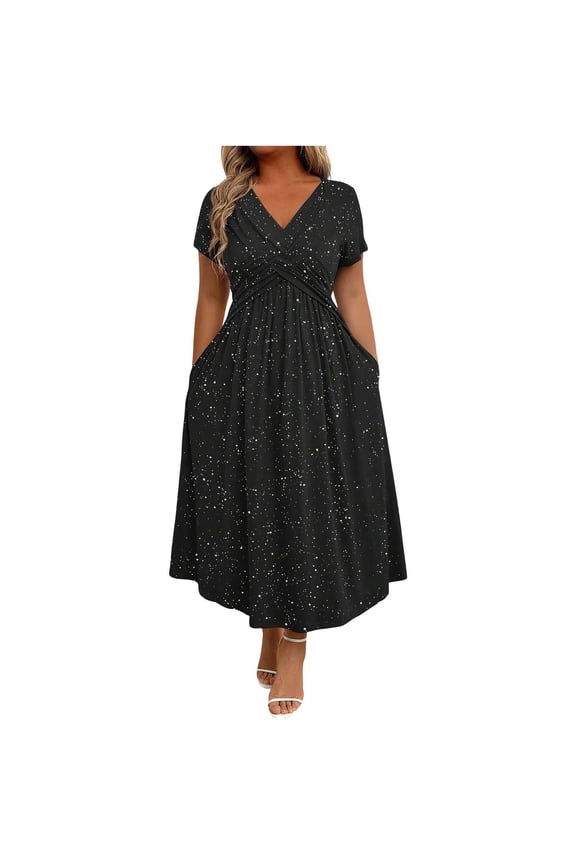 Women's Plus Size Cocktail Dress V Neck Short Sleeve A Line Sparkly Dresses Elegant Casual Pleated Formal Maxi Dress with Pockets
