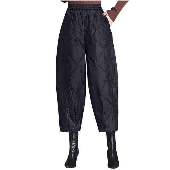 biudgviw Women's Quilted Padded Pants for Winter Elastic Waisted Capri Pants Loose Fit Wide Leg Warm Thermal Cropped Pants with Pockets
