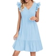 thumbnail image 1 of biudgviw Women's Ruffle Sleeve Layered Dress Casual Summer V Neck Knee Length Dress Trendy Smock Pleated Flowy Short Dress, 1 of 6