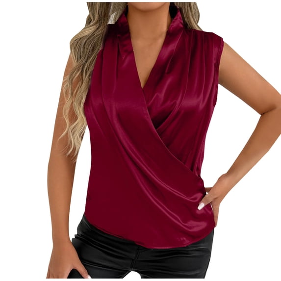 biudgviw Women's Satin Silk Tank Tops Sleeveless Elegant Blouse Lightweight Pleated V Neck T-Shirt Party Club Outfits S-XL