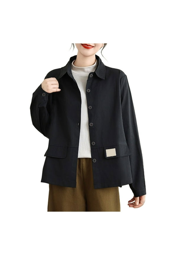Women's Shacket Jacket for Fall Outfits Button down Long Sleeve Oversized Cotton Shirt Coat Casual Lightweight Lapel with Pockets