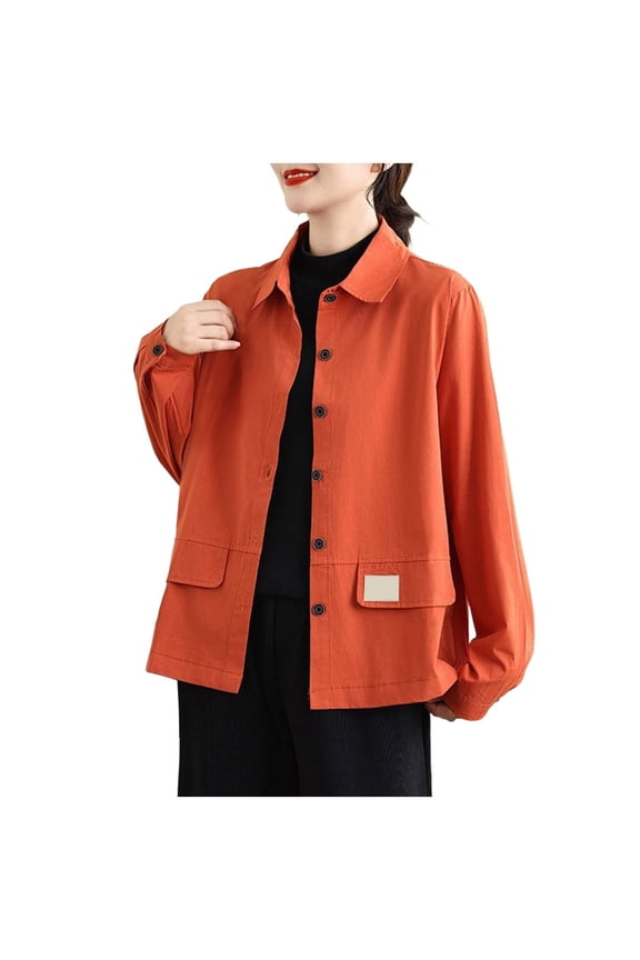 Women's Shacket Jacket for Fall Outfits Button down Long Sleeve Oversized Cotton Shirt Coat Casual Lightweight Lapel with Pockets