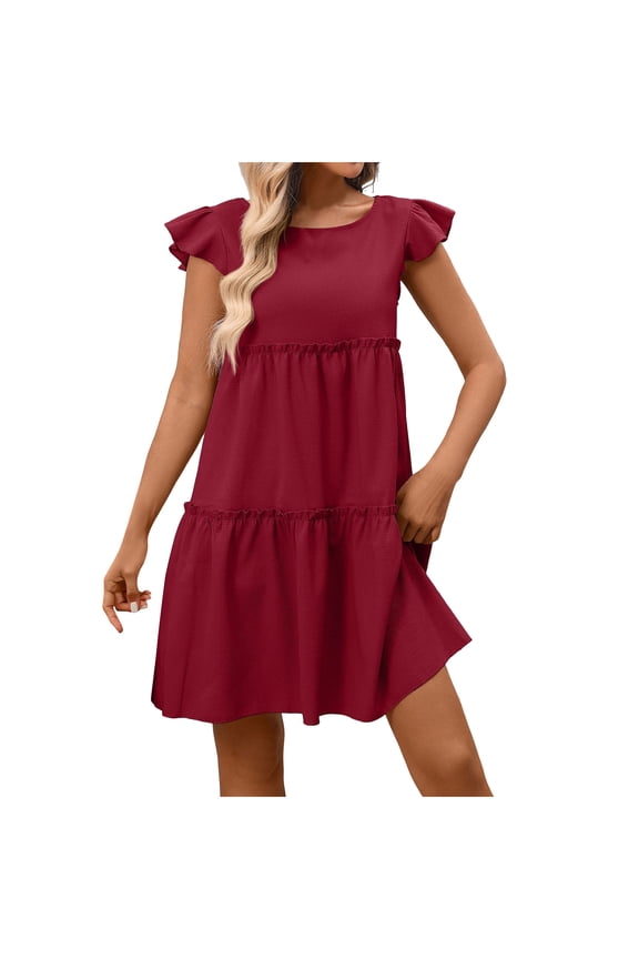 Women's Summer Dresses Ruffle Cap Sleeve Mini Babydoll Dress Loose Fit Casual Flowy Swing Tiered Dress Fashion Clothing
