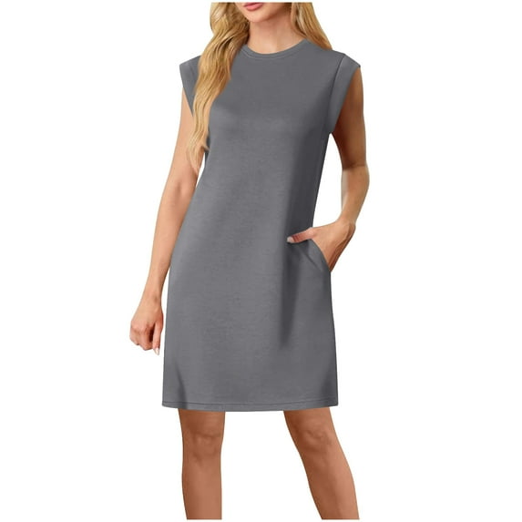 biudgviw Women's Summer Sleeveless Mini Dress Classic Casual Round Neck Slit Tank Dress Loose Fit Office Work Dress with Pockets