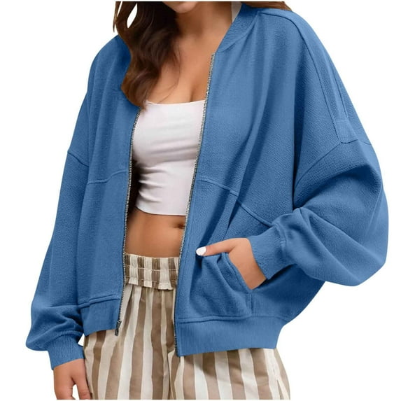 biudgviw Women's Sweatshirt for Fall Solid Color Lightweight Jacket Coat Baggy Long Sleeve Zip up Outwear with Pockets
