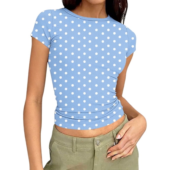 biudgviw Women's T Shirt Polka Dots Print Short Sleeve Shirts Casual Soft Crewneck Slim Fit Going Out Crop Tops Lightweight Tight Tees