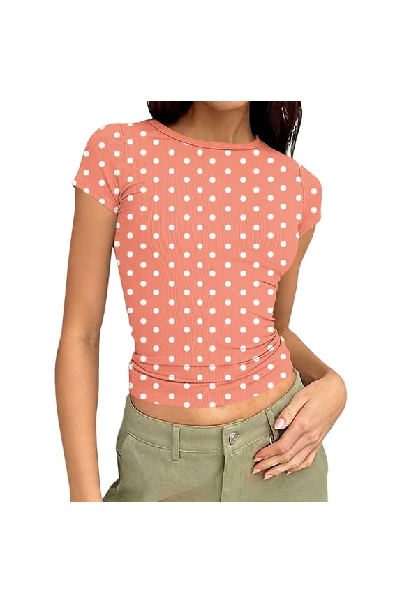 Women's T Shirt Polka Dots Print Short Sleeve Shirts Casual Soft Crewneck Slim Fit Going Out Crop Tops Lightweight Tight Tees