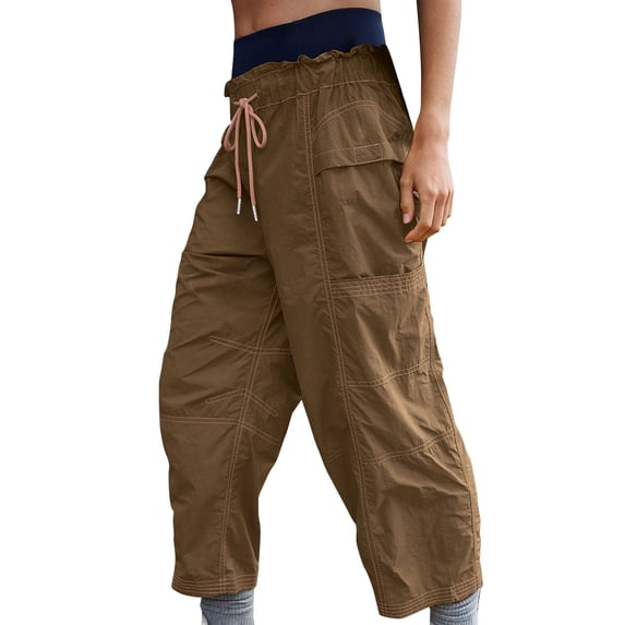 biudgviw Women's Wide Leg Hiking Capris with Pocket Elastic Waist Drawstring Quick Dry Outdoor Sports Workwear Cropped Pants