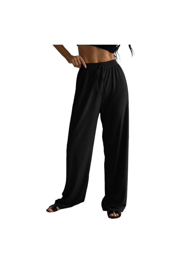 Women's Wide Leg Pants for Fall Casual Ribbed Knit Baggy Lounge Pants Comfy Elastic Waisted Drawstring Pants with Pockets