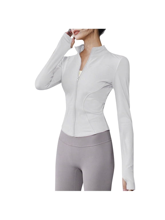 Women's Workout Jacket Slim Fit Zip Up Cropped Yoga Tops Stretchy Lightweight Athletic Gym Clothes with Thumb Holes