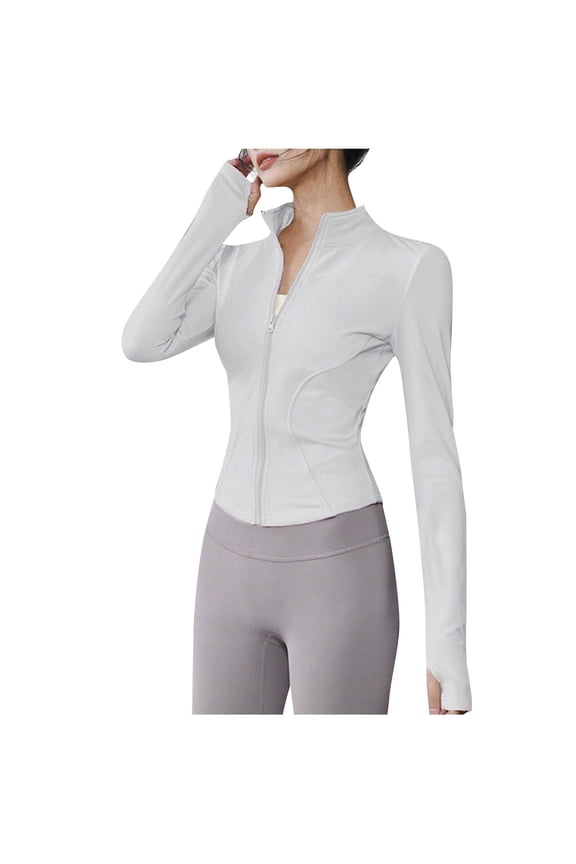 Women's Workout Jacket Slim Fit Zip Up Cropped Yoga Tops Stretchy Lightweight Athletic Gym Clothes with Thumb Holes