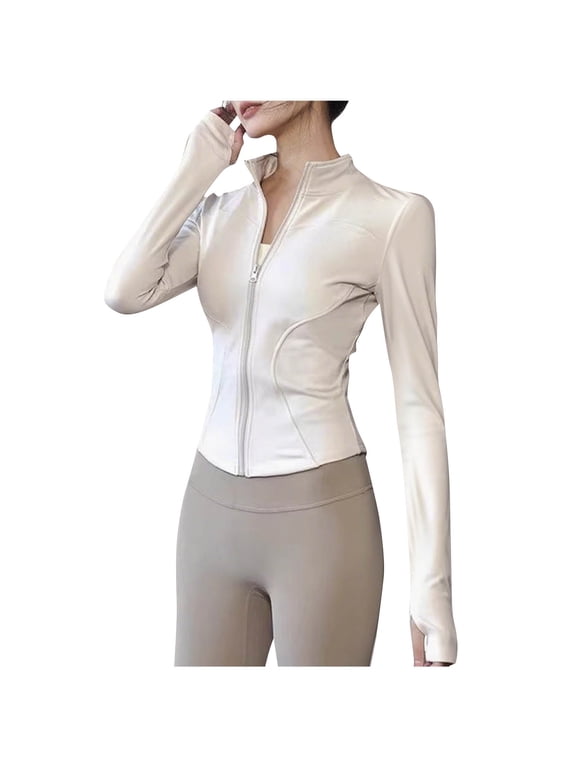 Women's Workout Jacket Slim Fit Zip Up Cropped Yoga Tops Stretchy Lightweight Athletic Gym Clothes with Thumb Holes