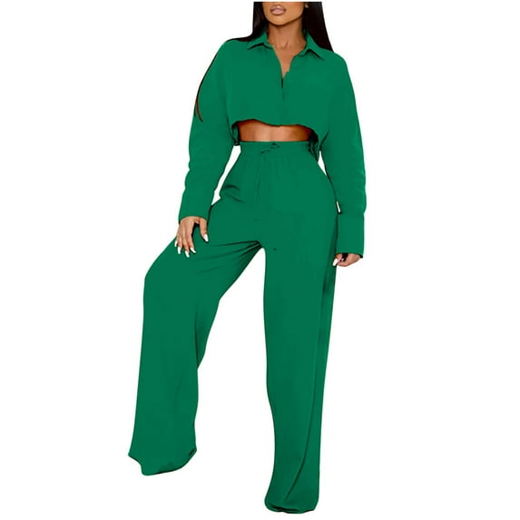 biudgviw Womens 2 Piece Outfits Casual V Neck Long Sleeve Cropped Pullover Tops Solid Color Long Pants Comfy Sets