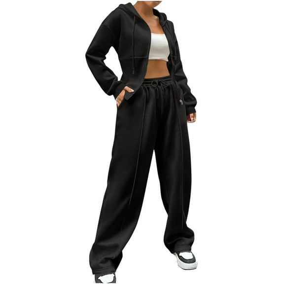biudgviw Womens 2 Piece Outfits Sweatsuit Set Oversized Zipped Hoodies Coats Wide Leg Sweatpants Lounge Set Tracksuit