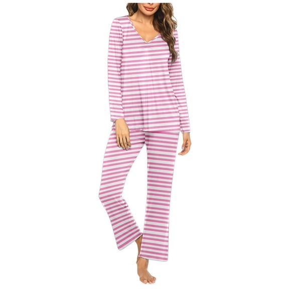 biudgviw Womens 2 Piece Pajama Sets Fashion Striped Long Sleeve Lounge Shirts Comfy Wide Leg Pants Lounge Sleepwear Pjs Sets