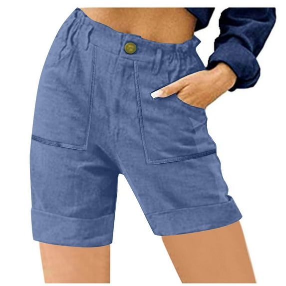 biudgviw Womens Bermuda Shorts High Waisted Straight Leg Summer Shorts Solid Color Cuffed Hem Linen Shorts with Pockets