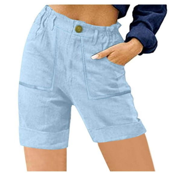 biudgviw Womens Bermuda Shorts High Waisted Straight Leg Summer Shorts Solid Color Cuffed Hem Linen Shorts with Pockets