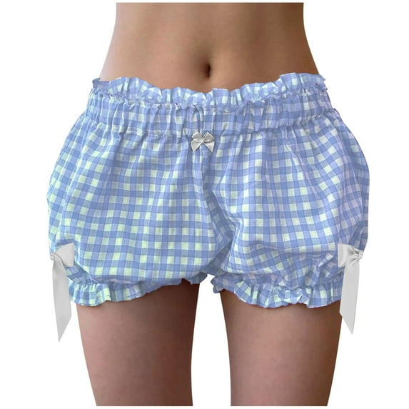 biudgviw Womens Bloomer Shorts Low Elastic Waist Ruffle Shorts Plaid Printed Ruched Casual Bottom Shorts Cute Boxer Lounge Shorts