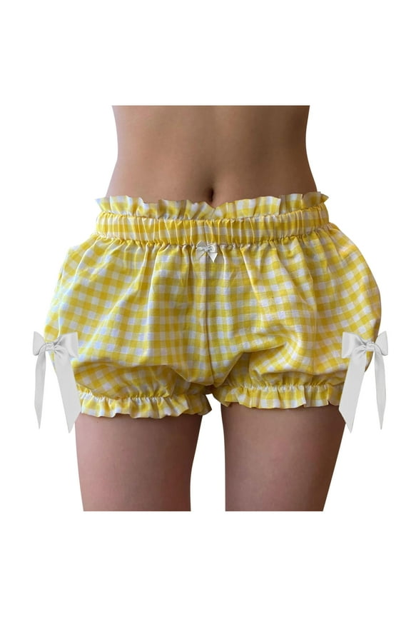 Womens Bloomer Shorts Low Elastic Waist Ruffle Shorts Plaid Printed Ruched Casual Bottom Shorts Cute Boxer Lounge Shorts
