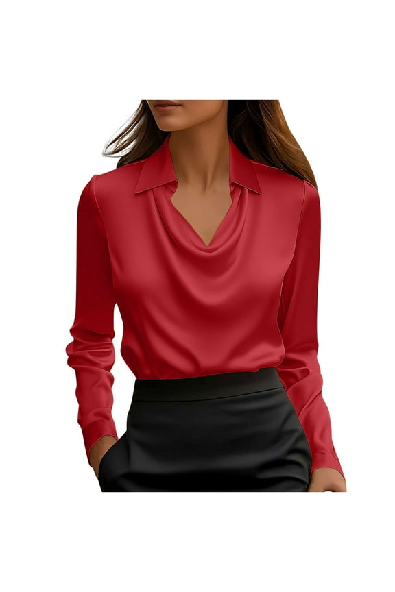 Womens Blouses Dressy Casual Satin Silk Cowl Neck Pullover Tops Casual Comfy Long Sleeve Shirt for Business Work