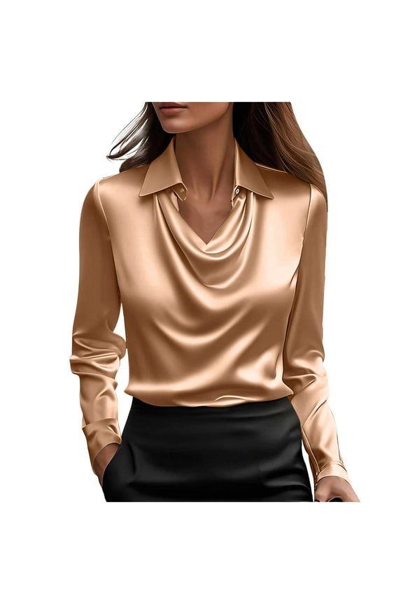 Womens Blouses Dressy Casual Satin Silk Cowl Neck Pullover Tops Casual Comfy Long Sleeve Shirt for Business Work