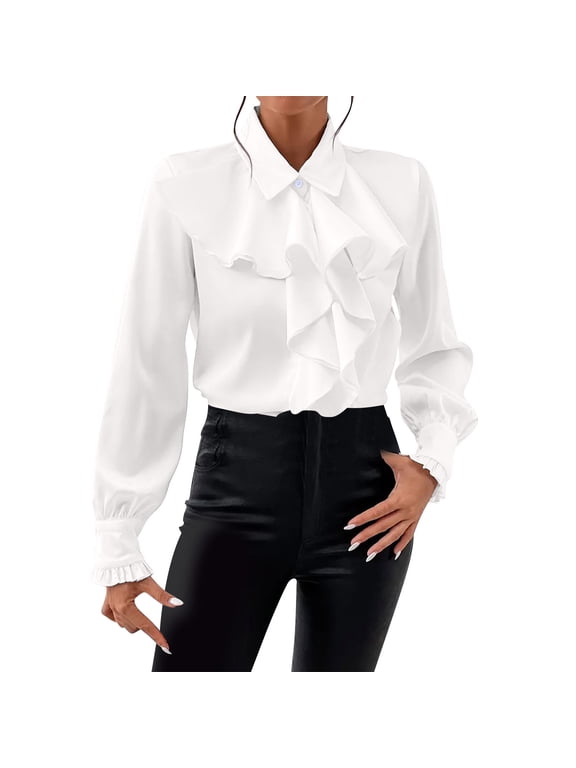 Womens Button down Shirts Vintage Ruffle Front Turndown Collar Gothic Tops Elegant Evening Party Business Casual Blouses