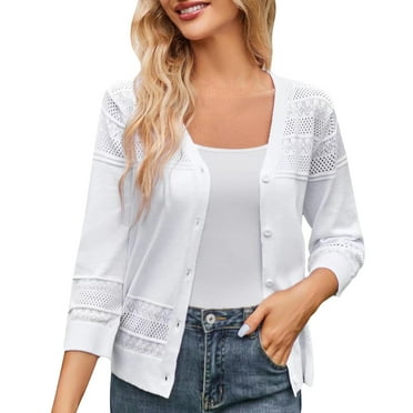 biudgviw Womens Buttons down Sweater Jackets Fashion Hollow out V Neck 3/4 Sleeve Jackets Lounge Solid Color Cardigan