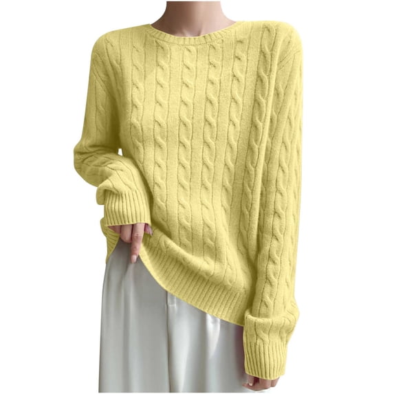 biudgviw Womens Cable Knit Pullover Sweater Crew Neck Long Sleeve Casual Sweater Loose Fit Plain Tunic Blouses Fall Clothes