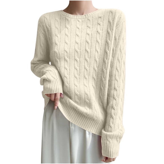 biudgviw Womens Cable Knit Pullover Sweater Crew Neck Long Sleeve Casual Sweater Loose Fit Plain Tunic Blouses Fall Clothes