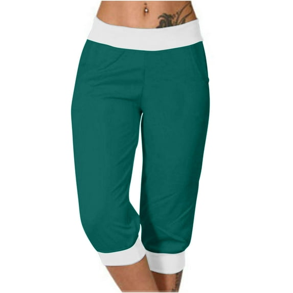 biudgviw Womens Capri Pants Color Block Workout Yoga Pants Loose Casual High Waisted Cropped Trousers with Pockets Trendy Clothes