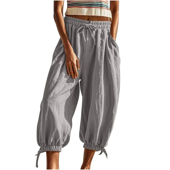 biudgviw Womens Capri Pants Elastic Waist Baggy Jogging Cropped Pants Lightweight Summer Vacation Comfy Lounge Capris with Pocket