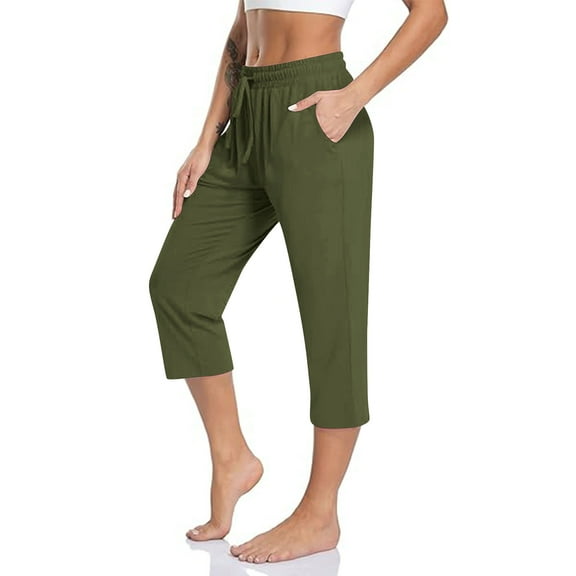 biudgviw Womens Capri Pants Elastic Waisted Soft Pajama Pants Athletic Running Cropped Pants with Pockets Summer Casual Trousers(Army Green,Medium)