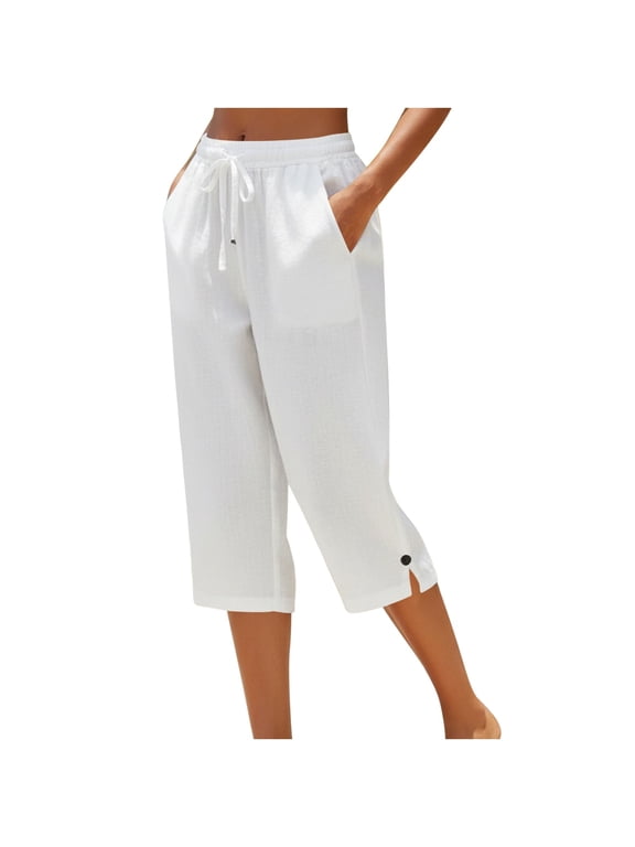 Womens Capri Pants Side Button Drawstring Pants Summer Casual Elastic Waist Cropped Trousers with Pockets Beach Vacation Clothes