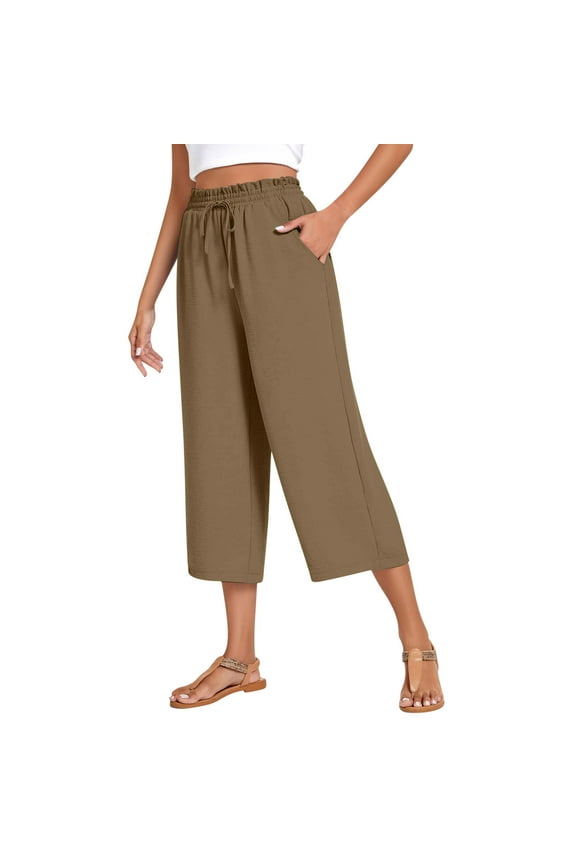 Womens Capri Pants for Women Ruffle Boho Vacation Beach Pants for Summer Baggy Casual Wide Leg Cropped Pants with Pockets