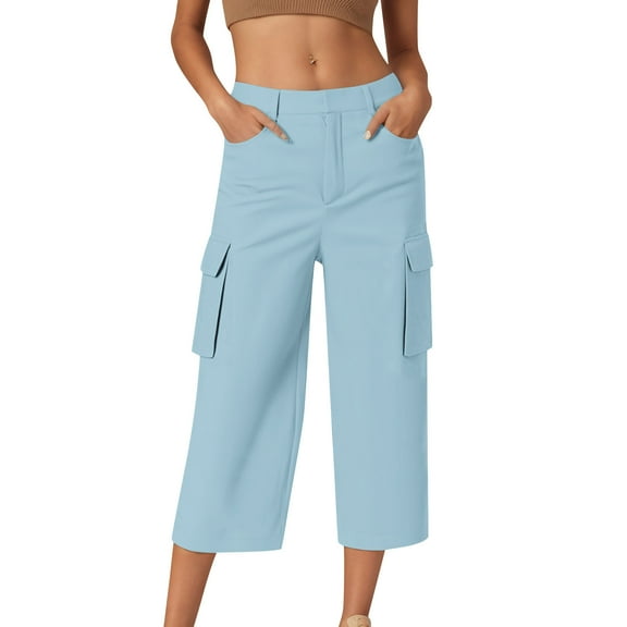 biudgviw Womens Capri Pants with Pockets Wide Leg Loose Casual Travel Outdoor Cargo Pants Dressy Lightweight Baggy Pants for Hiking