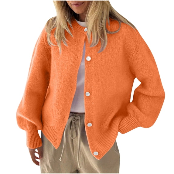 biudgviw Womens Cardigan Sweaters Button Down Lantern Sleeve Knit Tops Oversized Casual Soft Crew Neck Outwear Fall Clothes