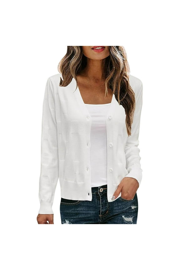 Womens Cropped Cardigan for Fall Classic Outifts Long Sleeve Sweaters Casual Comfy Button Down V Neck Jacket
