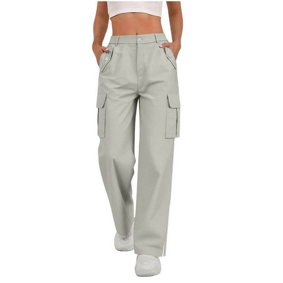 biudgviw Womens Cargo Pants Button High Waisted Wide Leg Trousers Casual Side Split Baggy Pants with Pockets Trendy Clothes