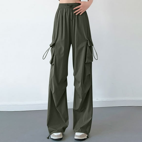 biudgviw Womens Cargo Pants Trendy High Waisted Solid Color Long Pants Outdoor Hiking Jogger Trousers with Pockets