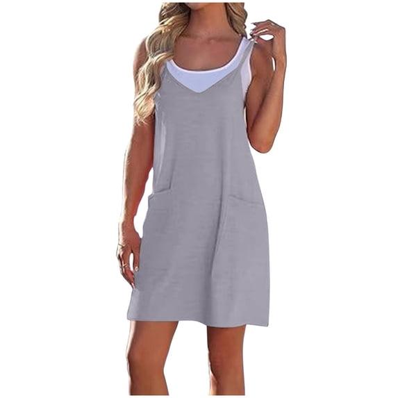 biudgviw Womens Casual Dresses Adjustable Straps Sleeveless Mini Dress Trendy Loose V Neck 2 in 1 Tank Dresses with Pockets