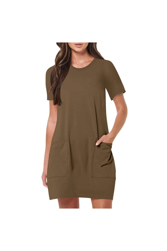Womens Casual Dresses Summer Short Sleeve Basic Tshirt Dress Classic Loose Crewneck Mini Sun Dress with Pockets