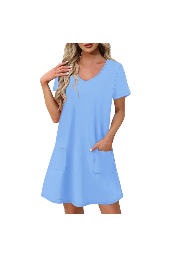Womens Casual Dresses for Summer Loose Fit Short Sleeve Tshirt Dress Classic V Neck Comfy Mini Dress Fashion Clothes