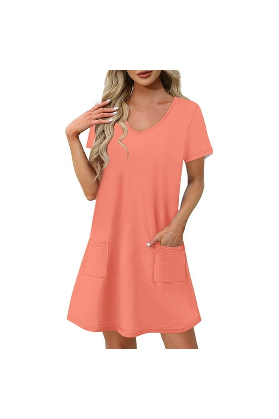 Womens Casual Dresses for Summer Loose Fit Short Sleeve Tshirt Dress Classic V Neck Comfy Mini Dress Fashion Clothes