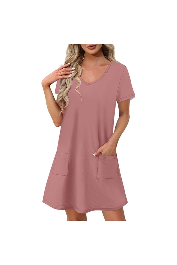 Womens Casual Dresses for Summer Loose Fit Short Sleeve Tshirt Dress Classic V Neck Comfy Mini Dress Fashion Clothes