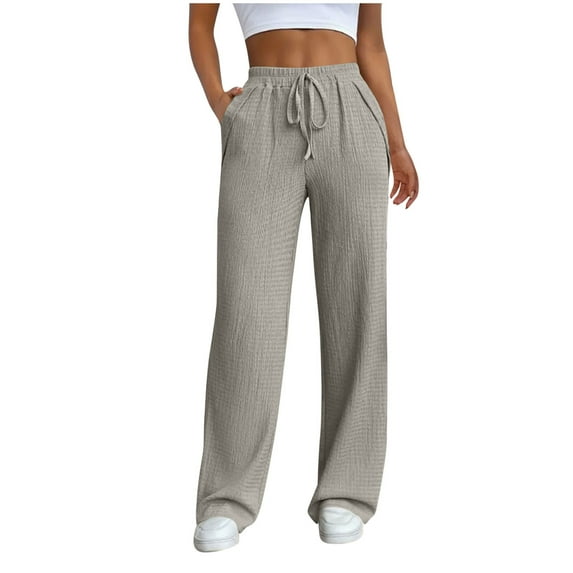 biudgviw Womens Casual Pants Drawstring Elastic High Waist Straight Leg Lounge Pants Loose Solid Color Vacation Outfits with Pockets