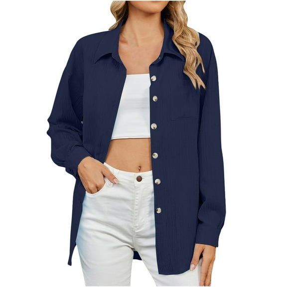 biudgviw Womens Casual Shirts Fall Lounge Long Sleeve Lapel Neck Basic Jackets Loose Solid Buttons down Blouses with Pockets