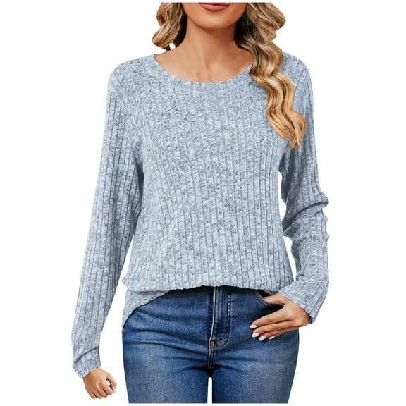 biudgviw Womens Casual Shirts Fashion Ribbed Knit Crewneck Long Sleeve Tunic T-Shirts Soft Loose Plain Going out Tops