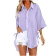thumbnail image 1 of biudgviw Womens Cotton Linen Button down Shirt Turndown Collar Tops 3/4 Length Sleeve Rolled Hem Tee Side Slit Strappy Jacket, 1 of 6
